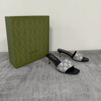 GUCCI 26S MULE SANDALS 55MM IN SILVER SATIN CRYSTAL GG