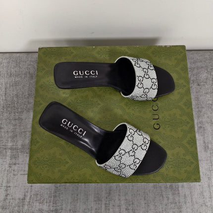 GUCCI 26S MULE SANDALS 55MM IN SILVER SATIN CRYSTAL GG