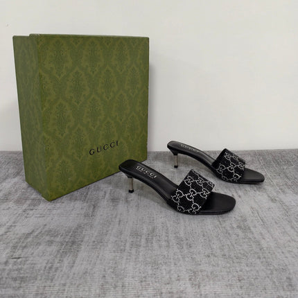 GUCCI 26S MULE SANDALS 55MM IN BLACK SATIN CRYSTAL GG