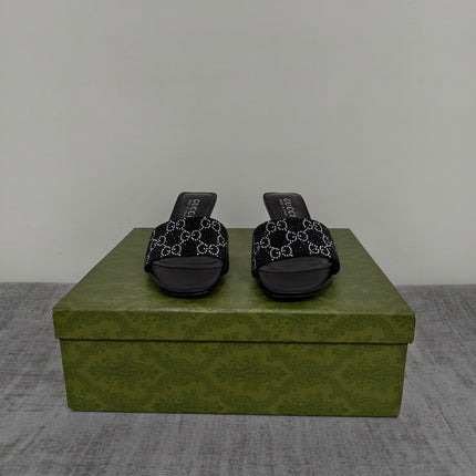 GUCCI 26S MULE SANDALS 55MM IN BLACK SATIN CRYSTAL GG