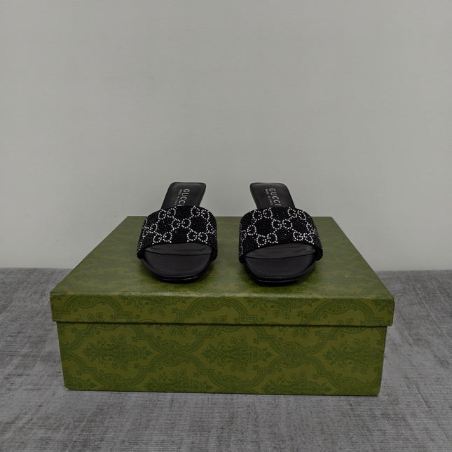 GUCCI 26S MULE SANDALS 55MM IN BLACK SATIN CRYSTAL GG