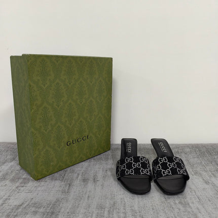 GUCCI 26S MULE SANDALS 55MM IN BLACK SATIN CRYSTAL GG