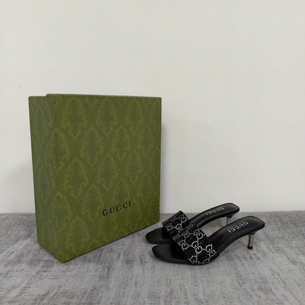 GUCCI 26S MULE SANDALS 55MM IN BLACK SATIN CRYSTAL GG