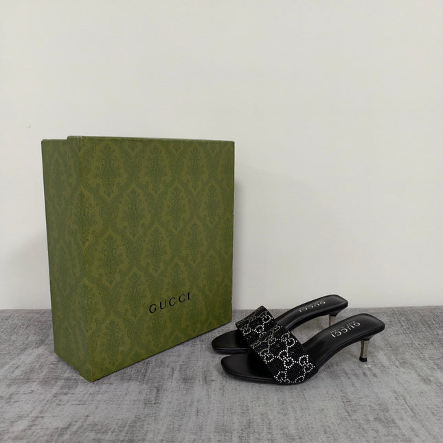 GUCCI 26S MULE SANDALS 55MM IN BLACK SATIN CRYSTAL GG