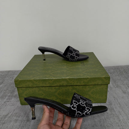 GUCCI 26S MULE SANDALS 55MM IN BLACK SATIN CRYSTAL GG