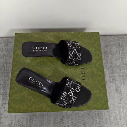 GUCCI 26S MULE SANDALS 55MM IN BLACK SATIN CRYSTAL GG