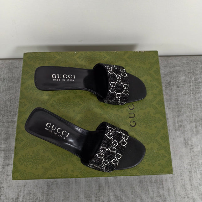 GUCCI 26S MULE SANDALS 55MM IN BLACK SATIN CRYSTAL GG