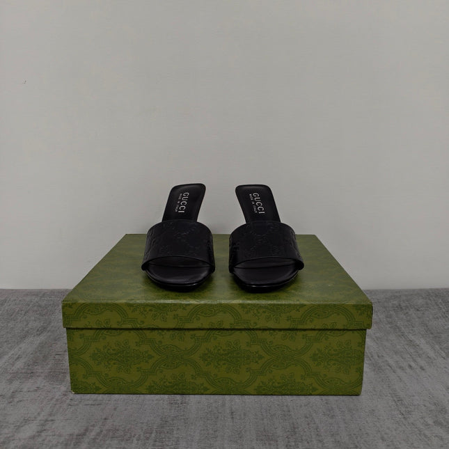 GUCCI 26S MULE SANDALS 85MM IN BLACK CALFSKIN GG EMBOSSED