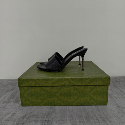 GUCCI 26S MULE SANDALS 85MM IN BLACK CALFSKIN GG EMBOSSED