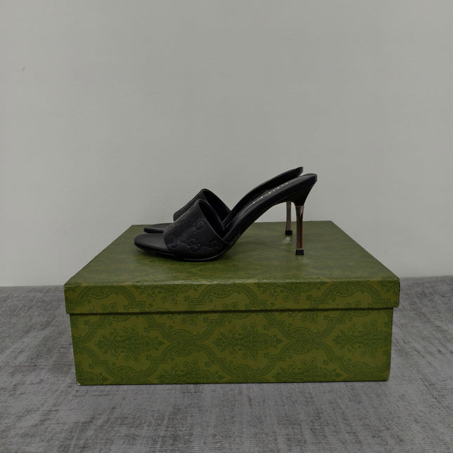 GUCCI 26S MULE SANDALS 85MM IN BLACK CALFSKIN GG EMBOSSED