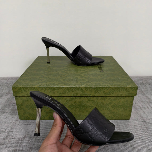 GUCCI 26S MULE SANDALS 85MM IN BLACK CALFSKIN GG EMBOSSED