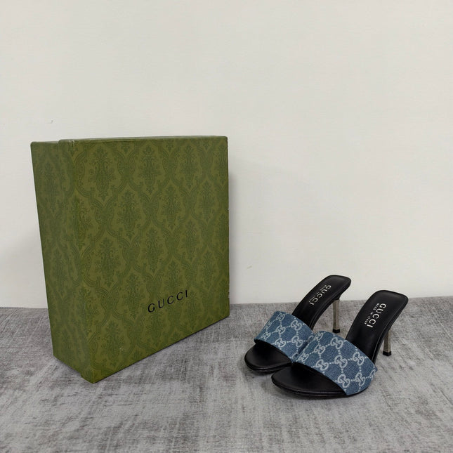 GUCCI 26S MULE SANDALS 85MM IN BLUE GG DENIM