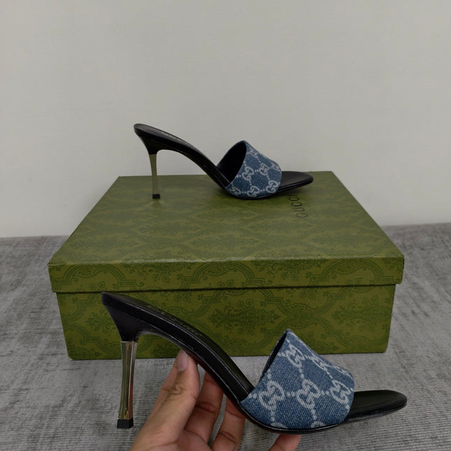 GUCCI 26S MULE SANDALS 85MM IN BLUE GG DENIM