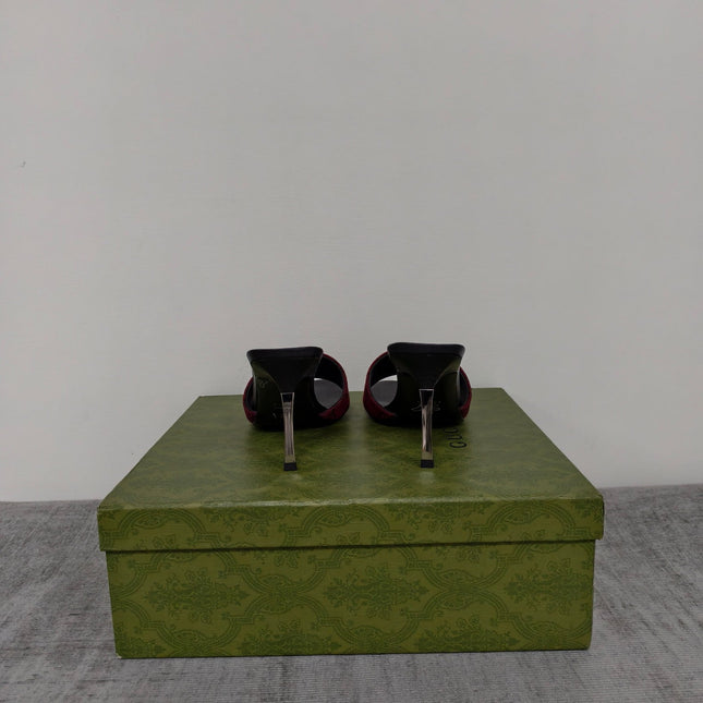GUCCI 26S MULE SANDALS 85MM IN DARK RED GG CANVAS