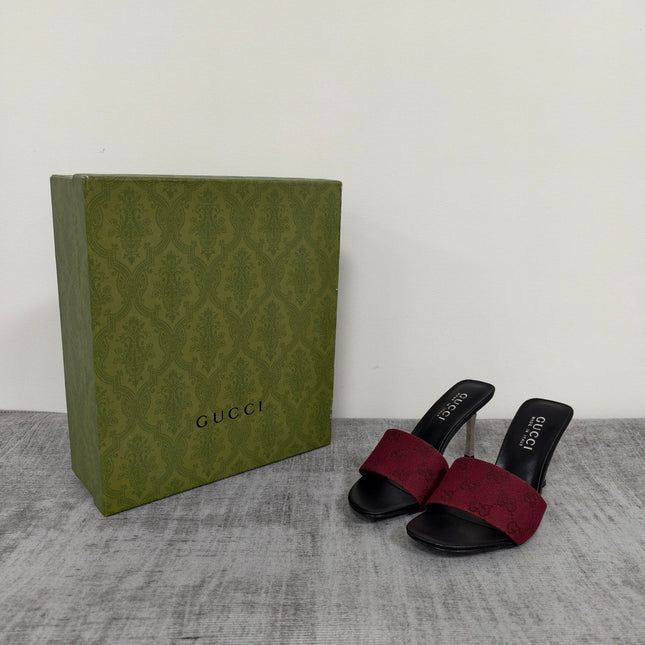 GUCCI 26S MULE SANDALS 85MM IN DARK RED GG CANVAS