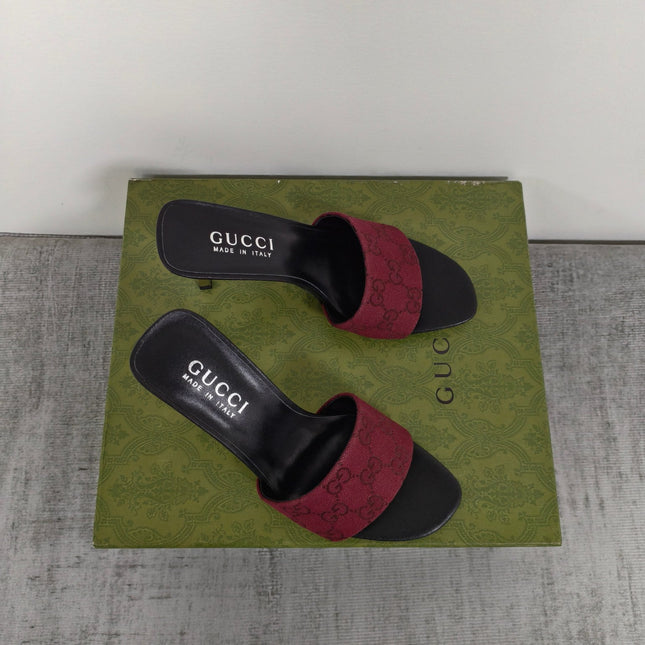 GUCCI 26S MULE SANDALS 85MM IN DARK RED GG CANVAS