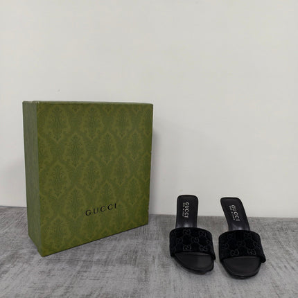 GUCCI 26S MULE SANDALS 85MM IN BLACK VELVET GG EMBOSSED