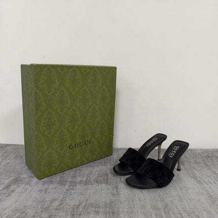 GUCCI 26S MULE SANDALS 85MM IN BLACK VELVET GG EMBOSSED