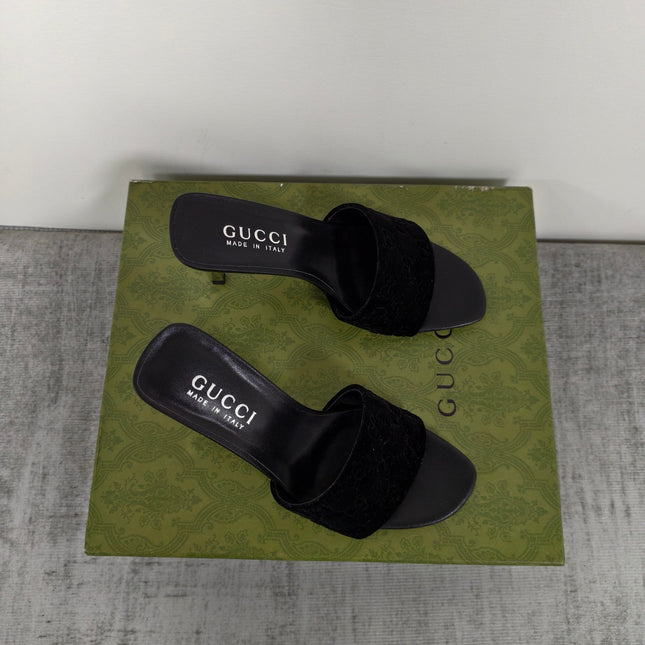 GUCCI 26S MULE SANDALS 85MM IN BLACK VELVET GG EMBOSSED