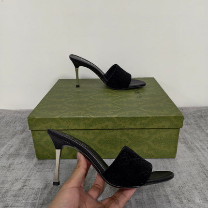 GUCCI 26S MULE SANDALS 85MM IN BLACK VELVET GG EMBOSSED