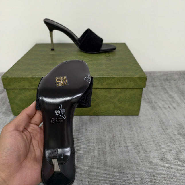 GUCCI 26S MULE SANDALS 85MM IN BLACK VELVET GG EMBOSSED