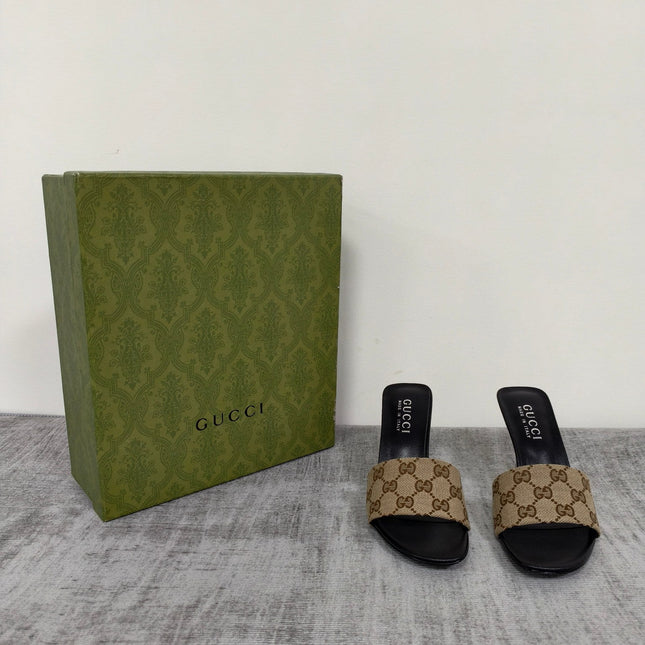 GUCCI 26S MULE SANDALS 85MM IN BEIGE BROWN GG CANVAS