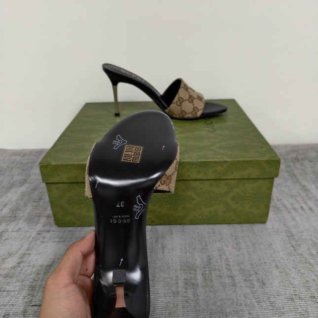 GUCCI 26S MULE SANDALS 85MM IN BEIGE BROWN GG CANVAS