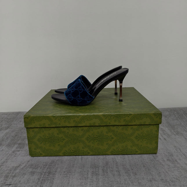 GUCCI 26S MULE SANDALS 85MM IN ROYAL BLUE VELVET GG EMBOSSED