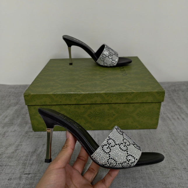 GUCCI 26S MULE SANDALS 85MM IN SILVER SATIN CRYSTAL GG