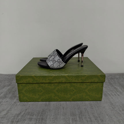 GUCCI 26S MULE SANDALS 85MM IN SILVER SATIN CRYSTAL GG