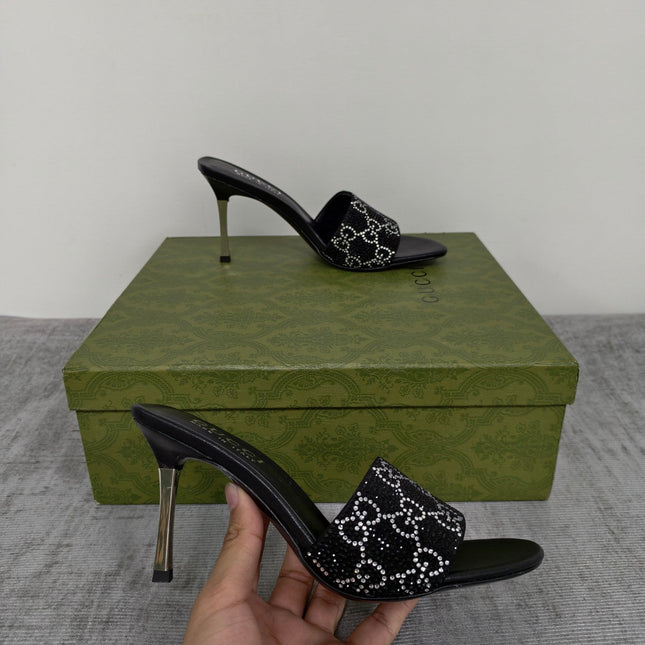 GUCCI 26S MULE SANDALS 85MM IN BLACK SATIN CRYSTAL GG