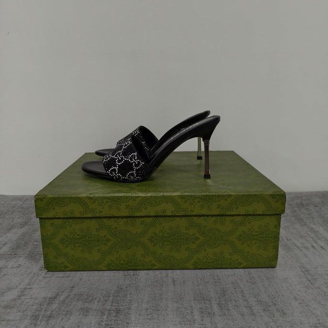 GUCCI 26S MULE SANDALS 85MM IN BLACK SATIN CRYSTAL GG