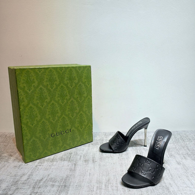 GUCCI 26S MULE SANDALS 110MM IN BLACK CALFSKIN GG EMBOSSED