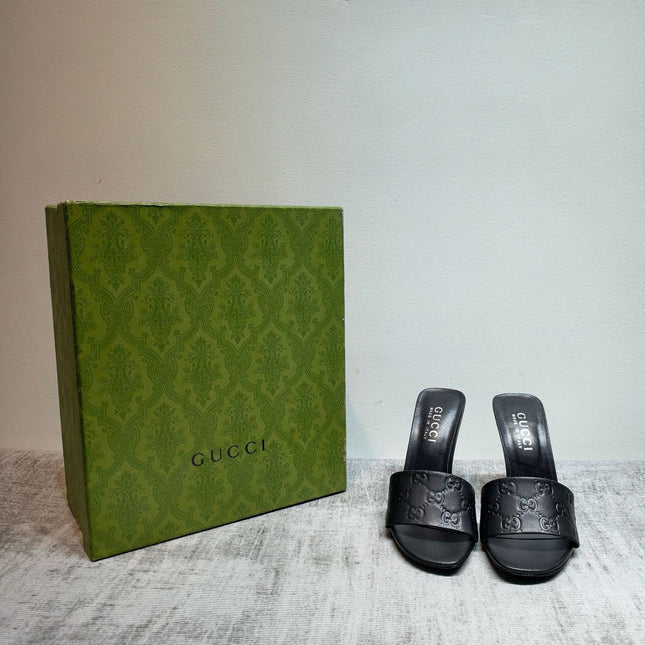 GUCCI 26S MULE SANDALS 110MM IN BLACK CALFSKIN GG EMBOSSED