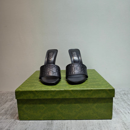 GUCCI 26S MULE SANDALS 110MM IN BLACK CALFSKIN GG EMBOSSED