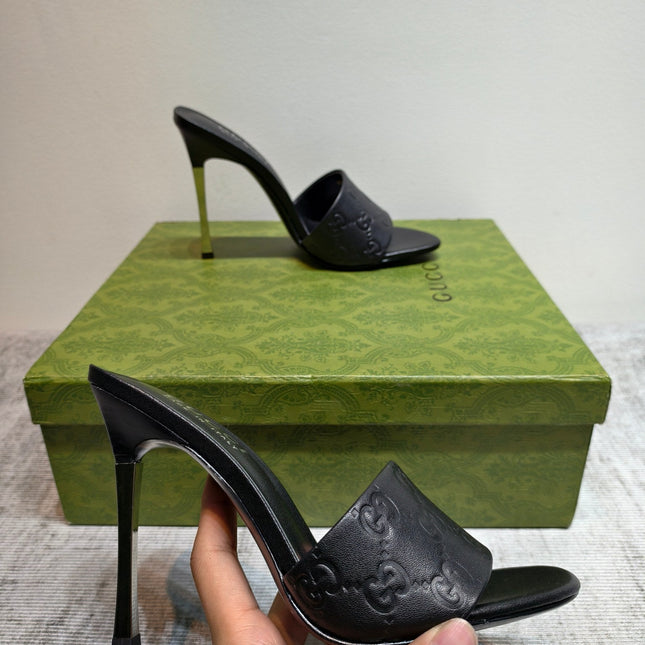 GUCCI 26S MULE SANDALS 110MM IN BLACK CALFSKIN GG EMBOSSED