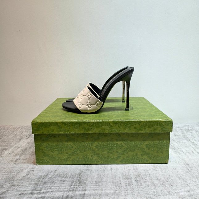GUCCI 26S MULE SANDALS 110MM IN WHITE CALFSKIN GG EMBOSSED