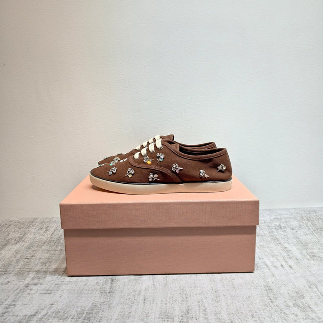 MIUMIU 26S LOW TOP SNEAKERS IN DARK BROWN CANVAS CRYSTAL-EMBELLISHED