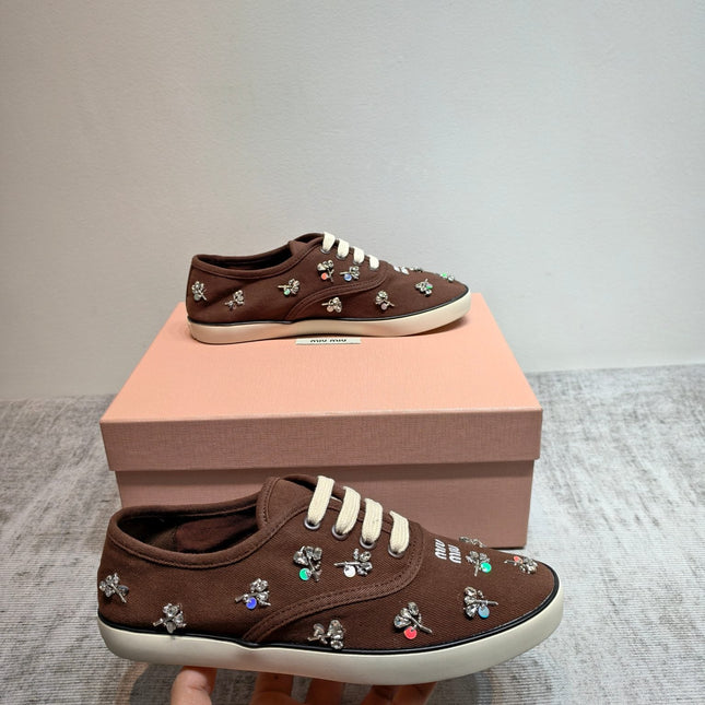 MIUMIU 26S LOW TOP SNEAKERS IN DARK BROWN CANVAS CRYSTAL-EMBELLISHED