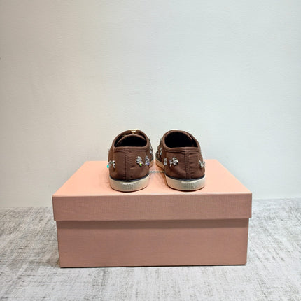 MIUMIU 26S LOW TOP SNEAKERS IN DARK BROWN CANVAS CRYSTAL-EMBELLISHED