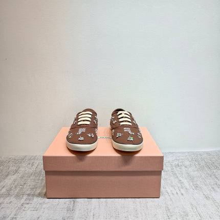 MIUMIU 26S LOW TOP SNEAKERS IN DARK BROWN CANVAS CRYSTAL-EMBELLISHED