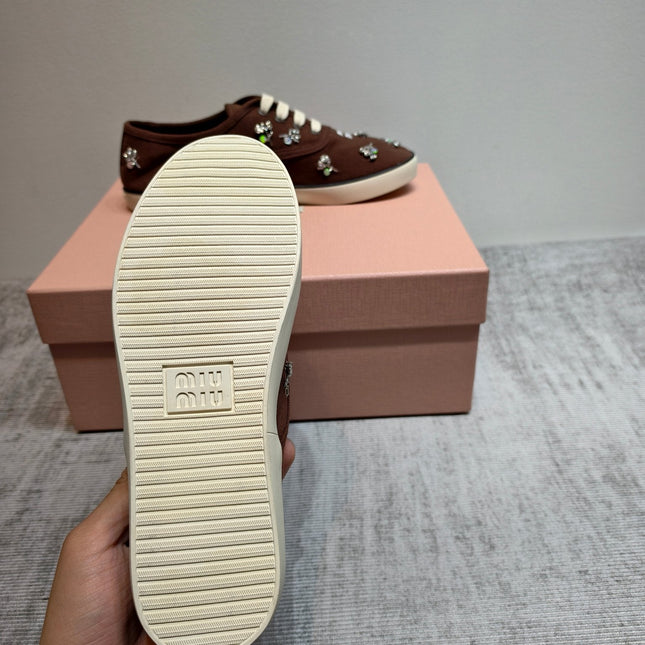 MIUMIU 26S LOW TOP SNEAKERS IN DARK BROWN CANVAS CRYSTAL-EMBELLISHED