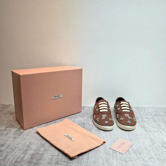 MIUMIU 26S LOW TOP SNEAKERS IN DARK BROWN CANVAS CRYSTAL-EMBELLISHED