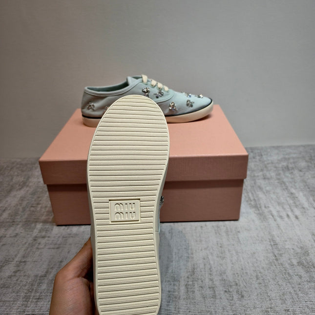 MIUMIU 26S LOW TOP SNEAKERS IN LIGHT BLUE CANVAS CRYSTAL-EMBELLISHED