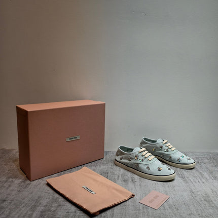 MIUMIU 26S LOW TOP SNEAKERS IN LIGHT BLUE CANVAS CRYSTAL-EMBELLISHED