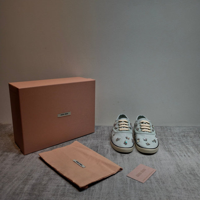 MIUMIU 26S LOW TOP SNEAKERS IN LIGHT BLUE CANVAS CRYSTAL-EMBELLISHED