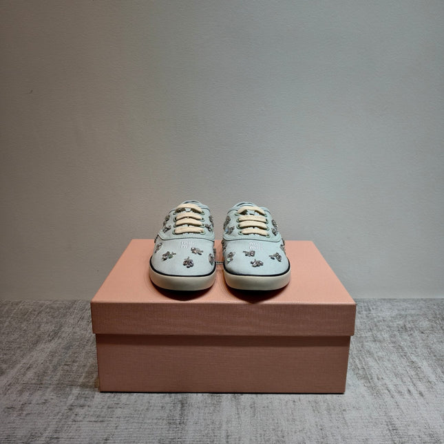 MIUMIU 26S LOW TOP SNEAKERS IN LIGHT BLUE CANVAS CRYSTAL-EMBELLISHED