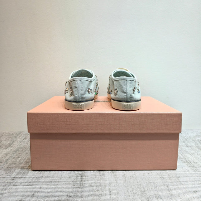 MIUMIU 26S LOW TOP SNEAKERS IN LIGHT BLUE CANVAS CRYSTAL-EMBELLISHED