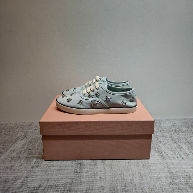 MIUMIU 26S LOW TOP SNEAKERS IN LIGHT BLUE CANVAS CRYSTAL-EMBELLISHED