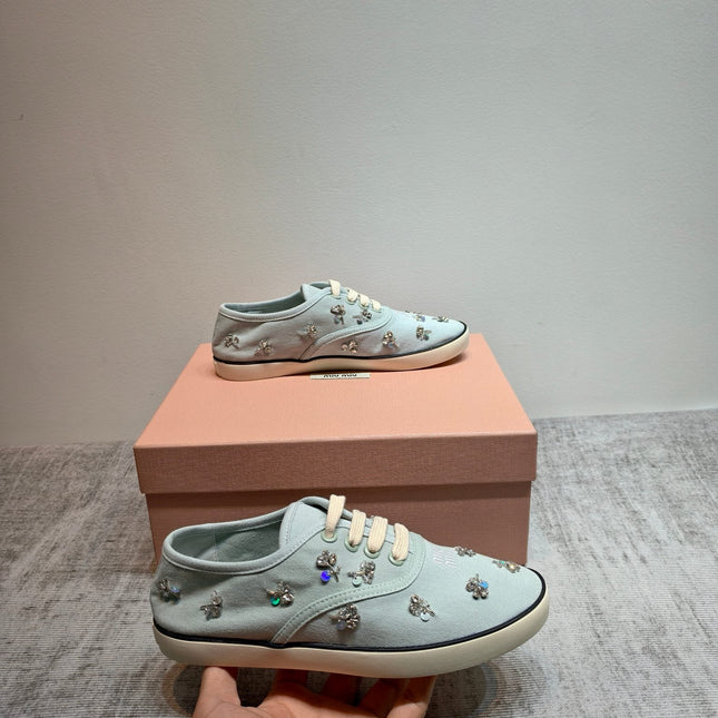 MIUMIU 26S LOW TOP SNEAKERS IN LIGHT BLUE CANVAS CRYSTAL-EMBELLISHED